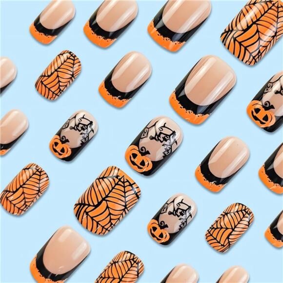 Medium Square Halloween Press On Nails - Black Spider Web - Picture 4 of 8